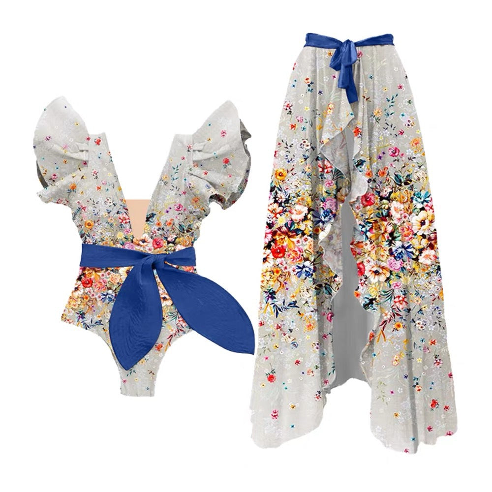 Bow Printing One Piece Women Swimwear French Retro Cover Belly Slimming Swimsuit Bella Mia