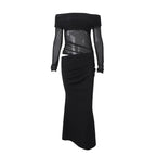 Women Clothing Spring Sexy Sexy off Shoulder Mesh Stitching Long Sleeves Hollow Out Cutout Dress Women Bella Mia