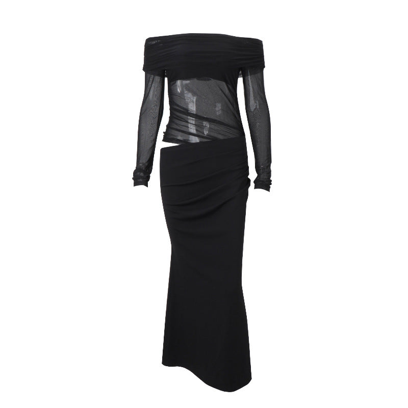 Women Clothing Spring Sexy Sexy off Shoulder Mesh Stitching Long Sleeves Hollow Out Cutout Dress Women Bella Mia