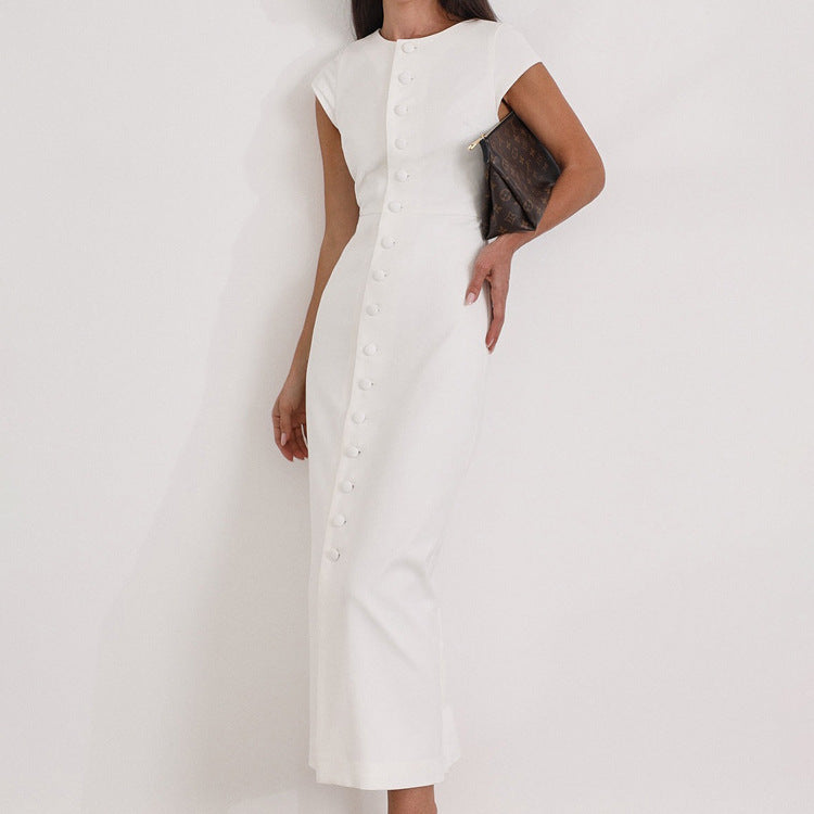 Round Neck Flying Sleeves Dress Women Elegant Waist Single Breasted White Sheath Dress Bella Mia