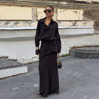 Women Clothing Fall Collared Long Sleeve Shirt Solid Color Waist Seal Skirt Three Piece Set Bella Mia