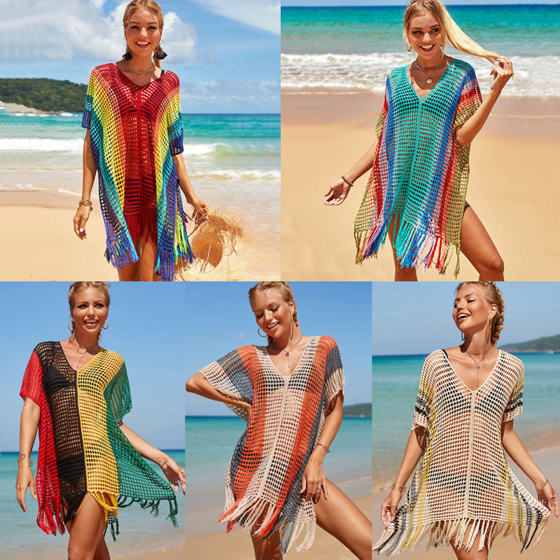 Rainbow Color Hollow Out Cutout Beach Cover up Seaside Holiday Bikini Cover Swimsuit Outwear Sun Protection Clothing Bella Mia