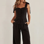 Spring Summer Black Bandeau Sling Top High Waist Wide Leg Pants Two Piece Set Bella Mia