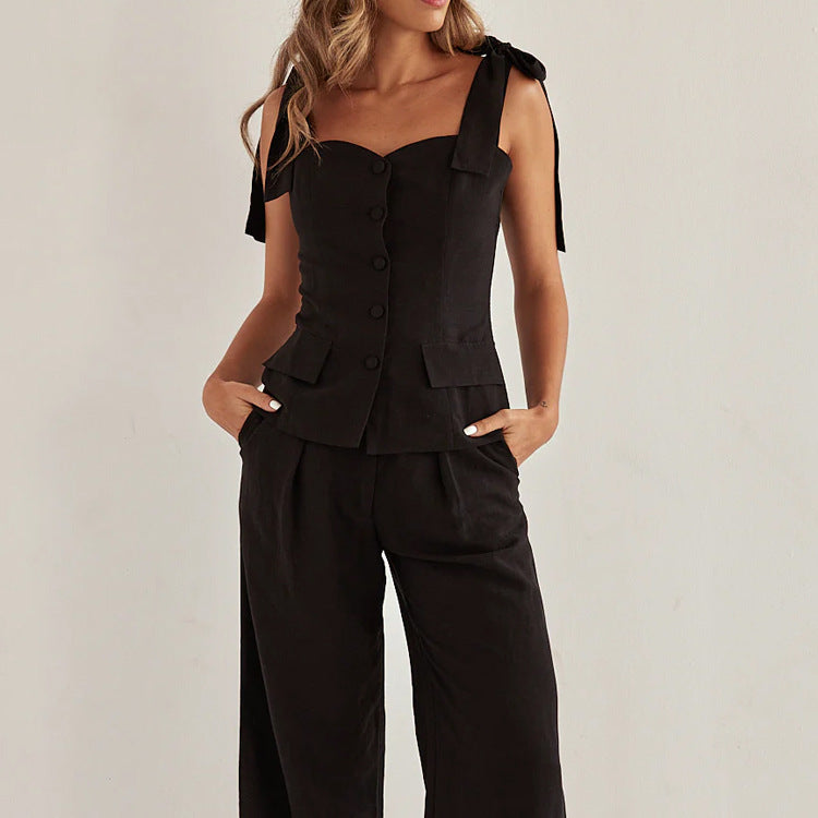 Spring Summer Black Bandeau Sling Top High Waist Wide Leg Pants Two Piece Set Bella Mia