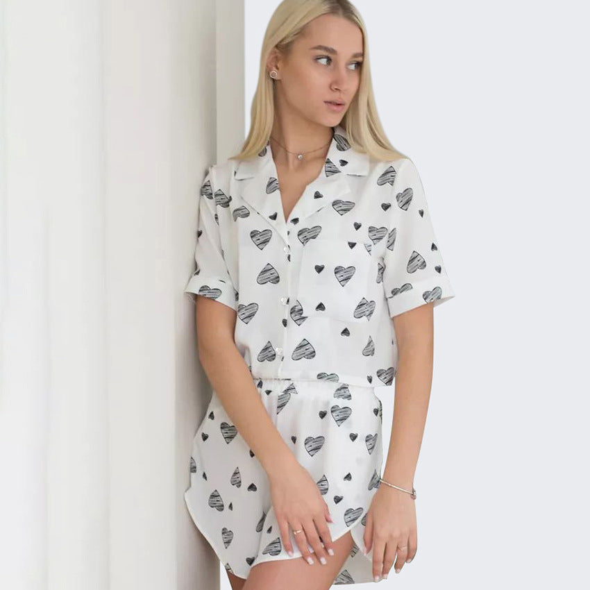 Spring Summer Heart Printing Cardigan Short Sleeve Split Shorts Pajamas Women Comfort Casual Home Wear Bella Mia