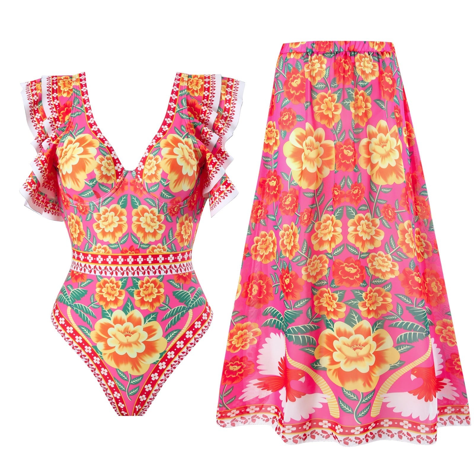 Spring Sexy Swimsuit Women Conservative Warm Printed Swimsuit Wrap Skirt Set Bella Mia