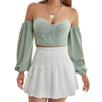 Women Strapless Shoulder Elastic Mouth Long Sleeve Front Zipper Tube Top Short Type Stitching Sexy Vest Bella Mia