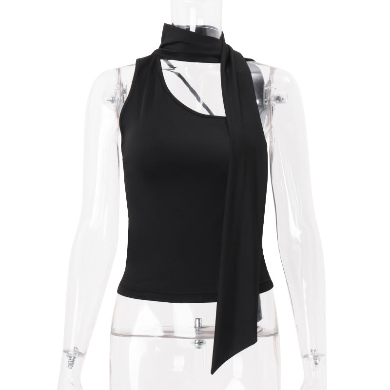 Women Clothing Summer Sexy Solid Color Diagonal Collar Backless Decorative Ribbon Short Inner Vest Women Bella Mia