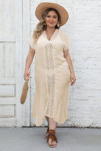 Plus Size Women Beach Dress Vacation Lace V Neck Patchwork Split Dress Bikini Overskirt