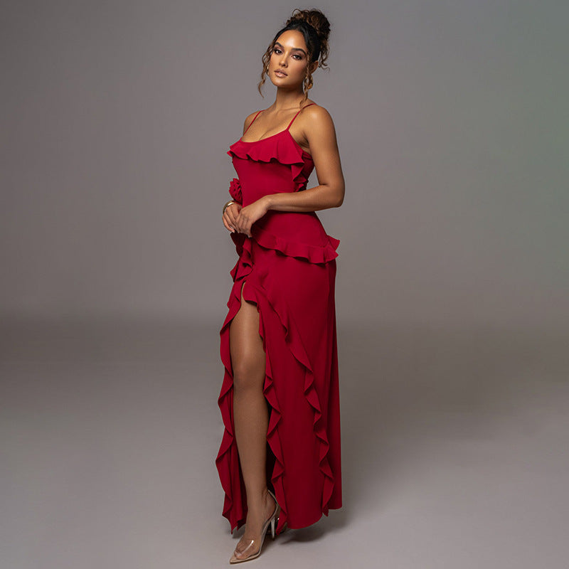 Spring Sexy Solid Color Backless Slit Splicing Sling Maxi Dress Bella Mia