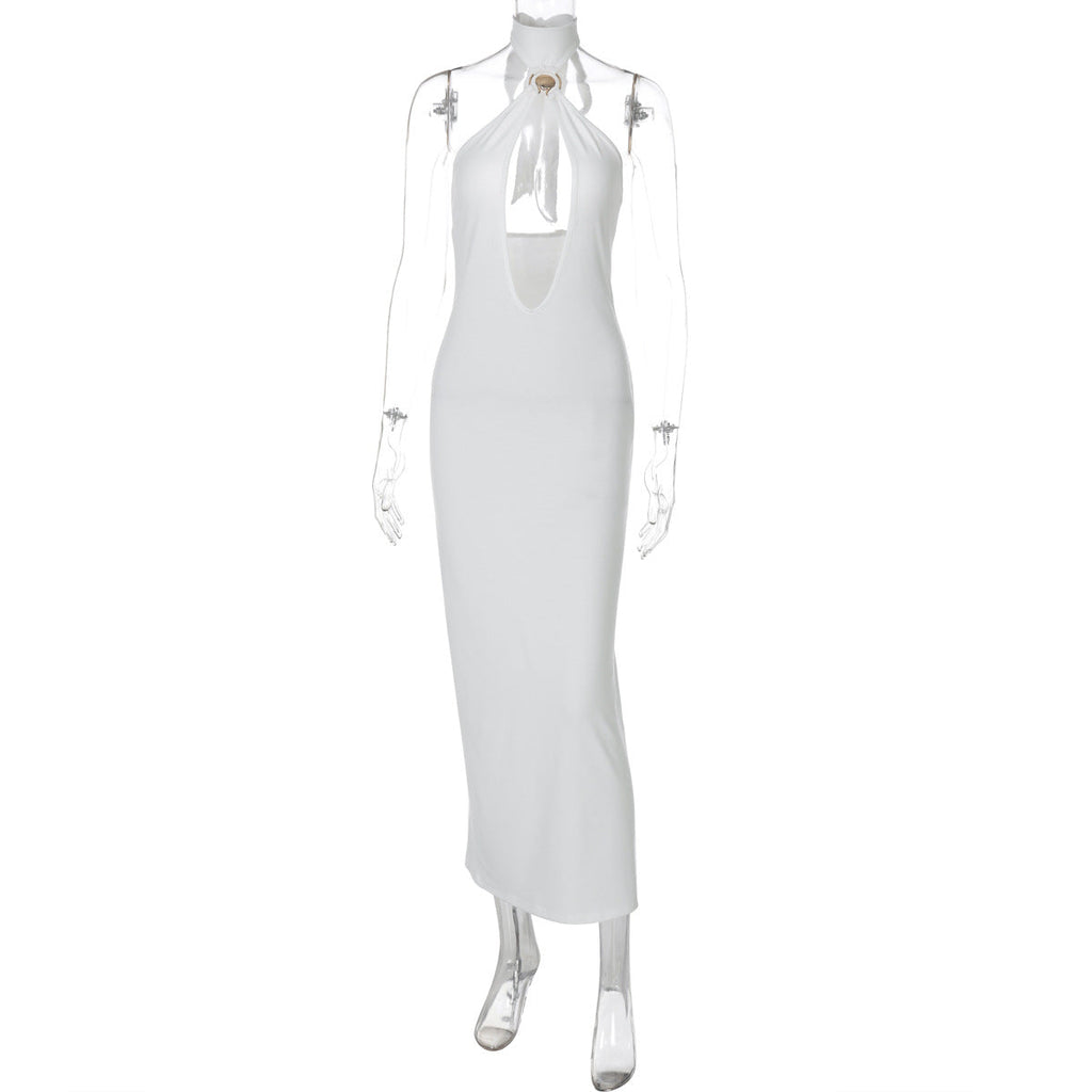 Women Clothing Winter Solid Color Tied Halter Sexy Cutout Slim Fit Dress Bella Mia