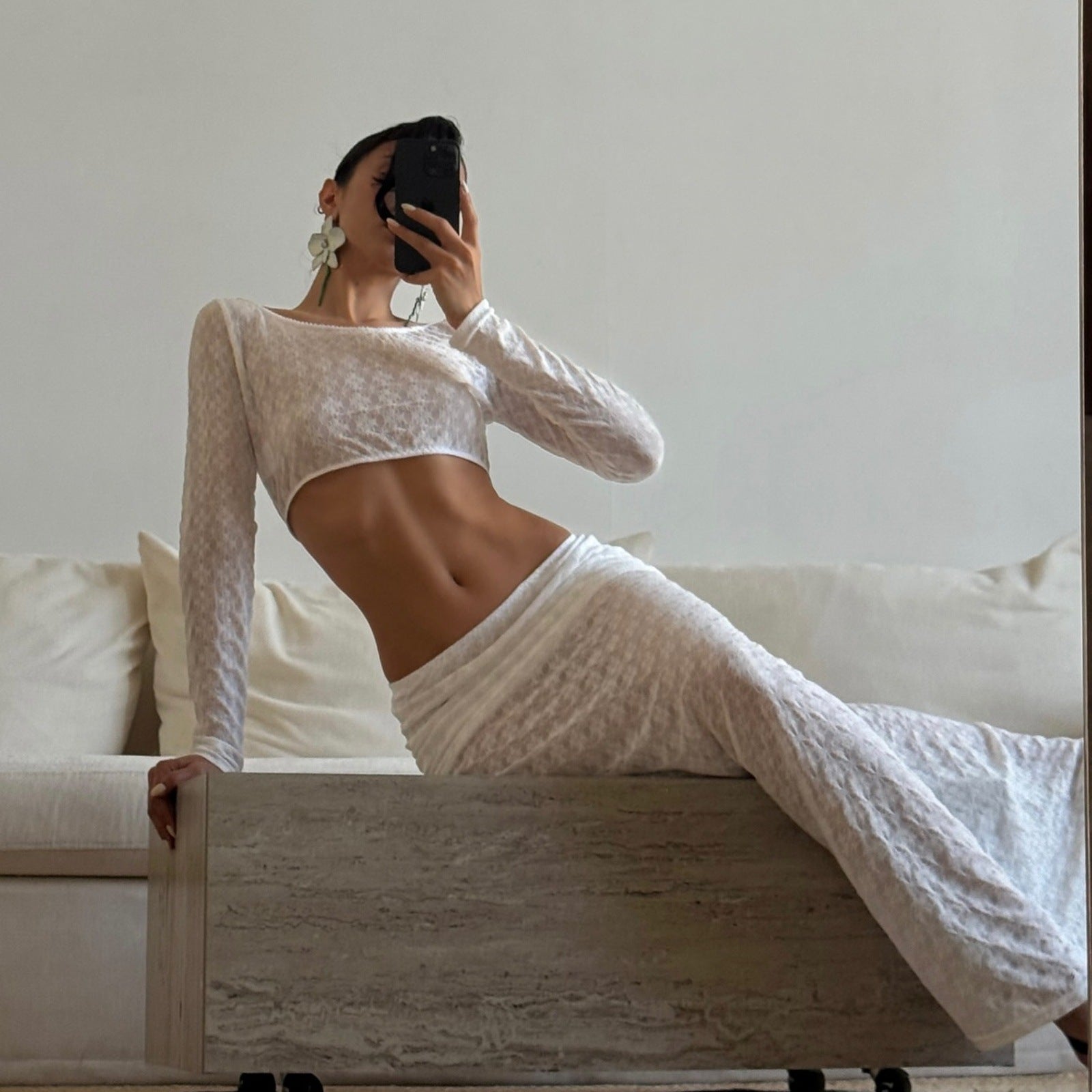 Women Clothing Autumn Sexy round Neck Cropped Long Sleeve Top Low Waist Skirt Set Bella Mia