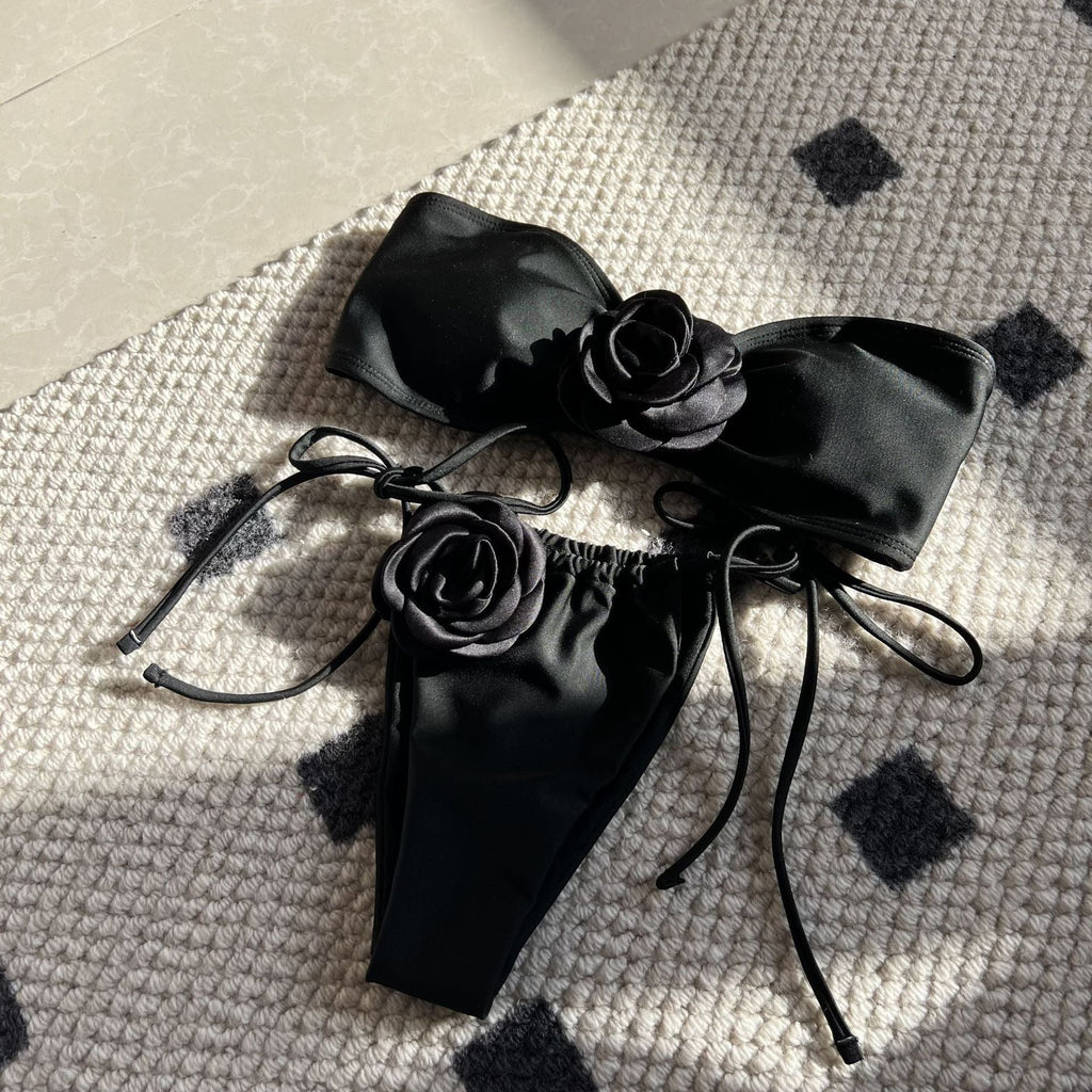 Solid Color Rose Tube Top Drawstring Strap Split Swimsuit Bikini Bella Mia