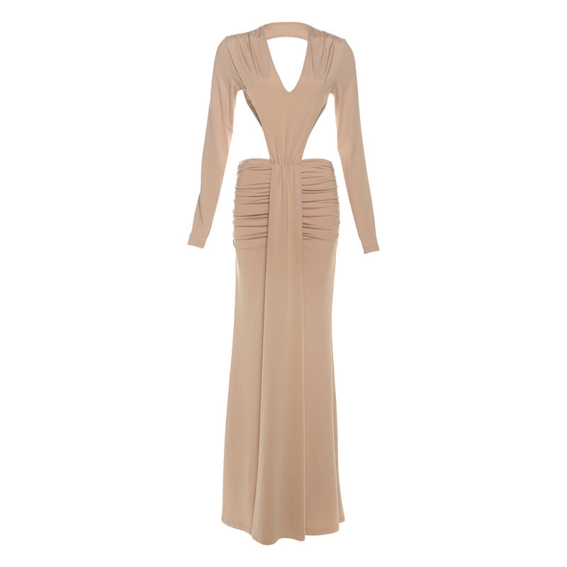 Fall Women Clothing Solid Color V-neck Sexy Backless Long Sleeves Split Pleated Dress Bella Mia