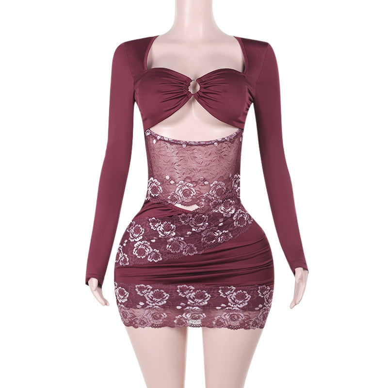 Autumn Long Sleeve Lace Hollow Out Cutout out Sexy Hip Bag Dress Women Bella Mia