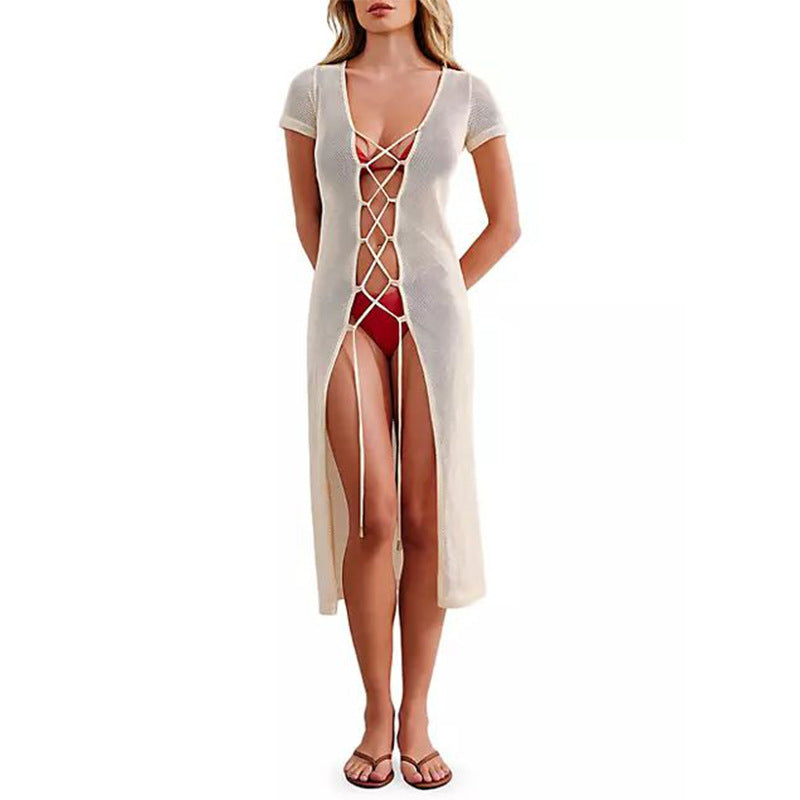 Summer Beach Dress Women Solid Color Sexy Hollow Out Cutout Beach Bikini Swimsuit Cover up Sun Protection Clothing Bella Mia