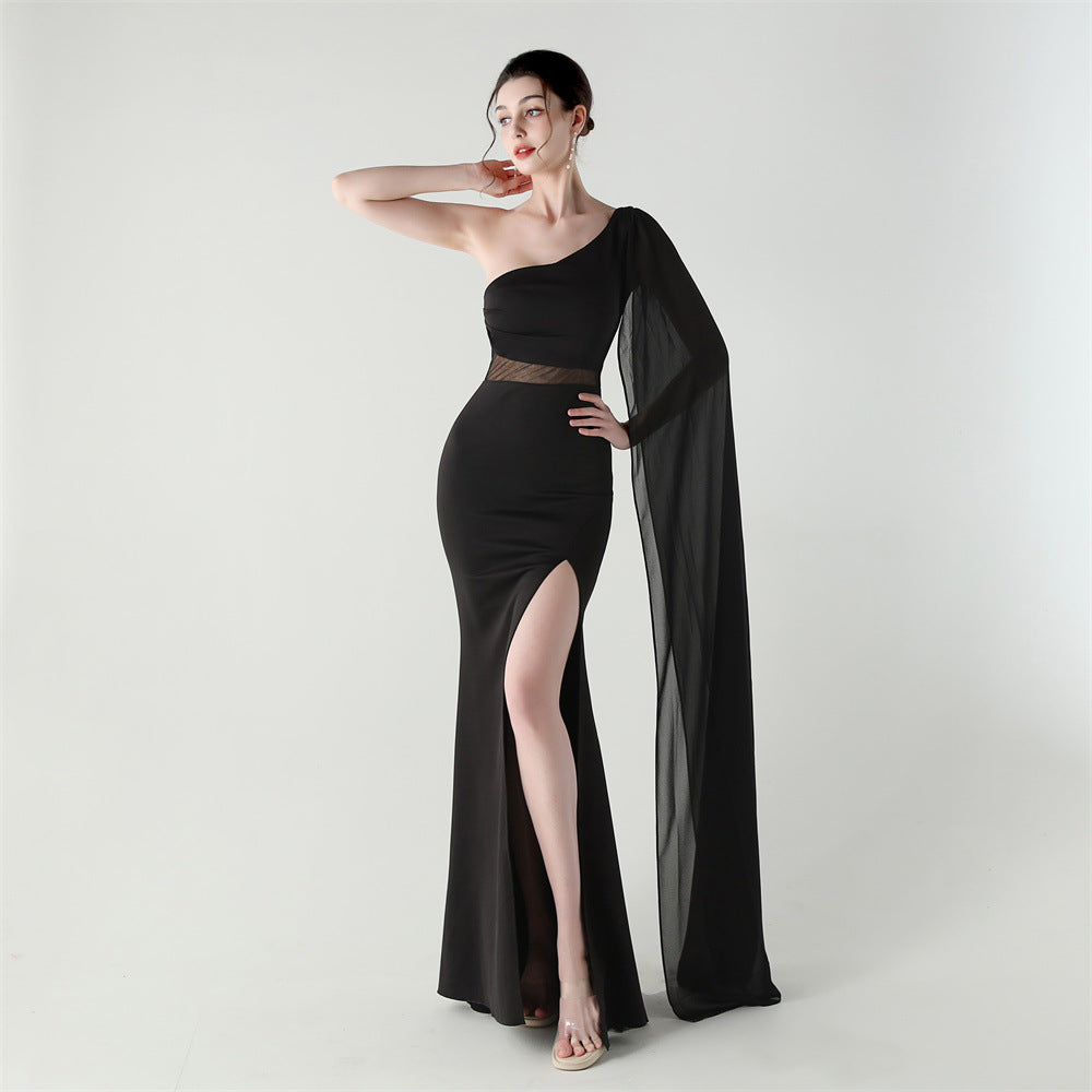 Single Shoulder Crossbody Stitching Mesh Design Satin Slim Cocktail Dress Evening Dress Bella Mia