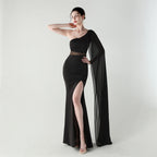 Single Shoulder Crossbody Stitching Mesh Design Satin Slim Cocktail Dress Evening Dress Bella Mia