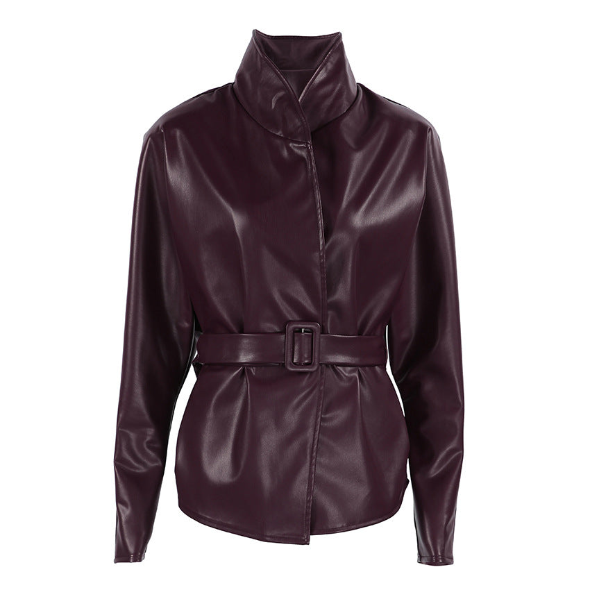 Retro Wine Red Autumn Winter Leather Coat Women Long Sleeve Stand Collar Belt Waist Tight Figure Flattering Leather Jacket Bella Mia