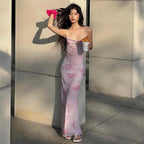 Women Clothing Summer Sexy Sweet Spicy off Neck Mesh Floral Print Long Sling Dress Bella Mia