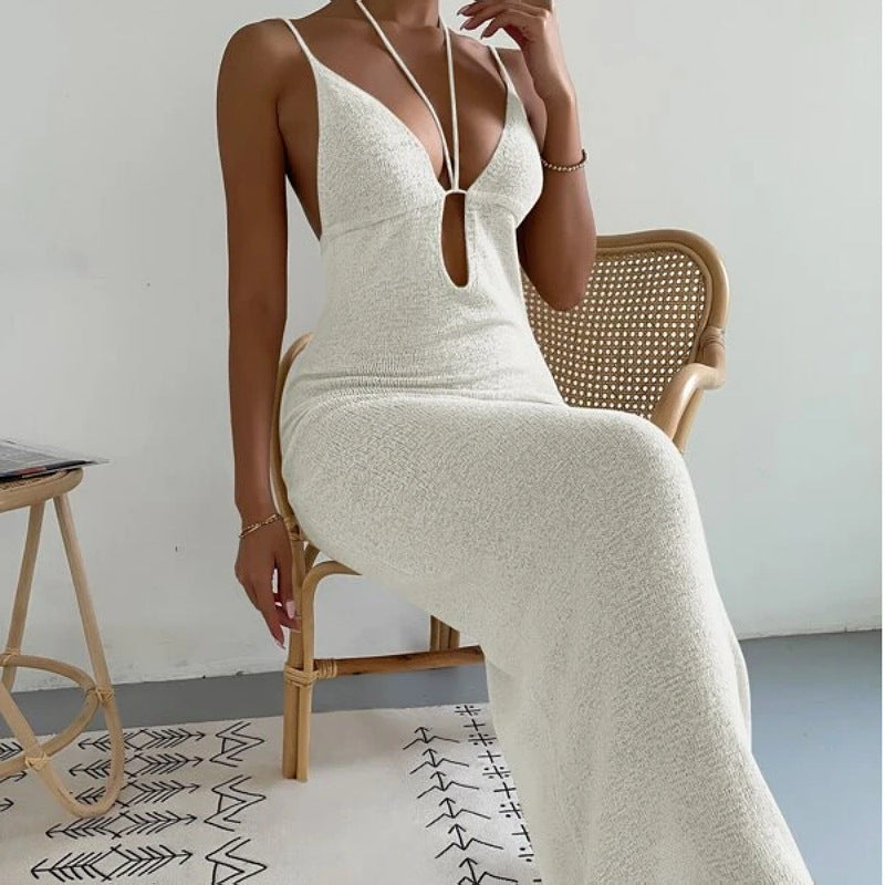 Women Clothes Sexy Sexy Cutout Lace Up Halter Spaghetti Straps Stitching Dress Maxi Dress Women Bella Mia
