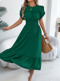 Spring Summer Casual Stringy Selvedge Short Sleeve Smocking Waist Controlled Large Hem Maxi Dress Women Clothing