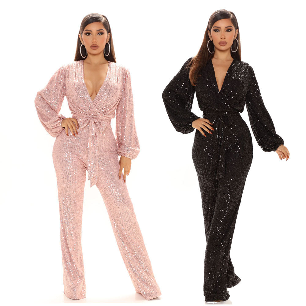 Fall High-End Women Sequ Deep V-neck Long Sleeve Jumpsuit Jumpsuit Trousers Bella Mia