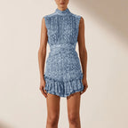 Summer Printed Turtleneck Mini Sleeveless Short Ruffled Dress Women Clothing Bella Mia