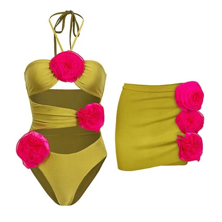 French One Piece Solid Color Women Swimsuit Solid Color Sexy Floral Short Skirt Swimsuit Women Bikini Bella Mia