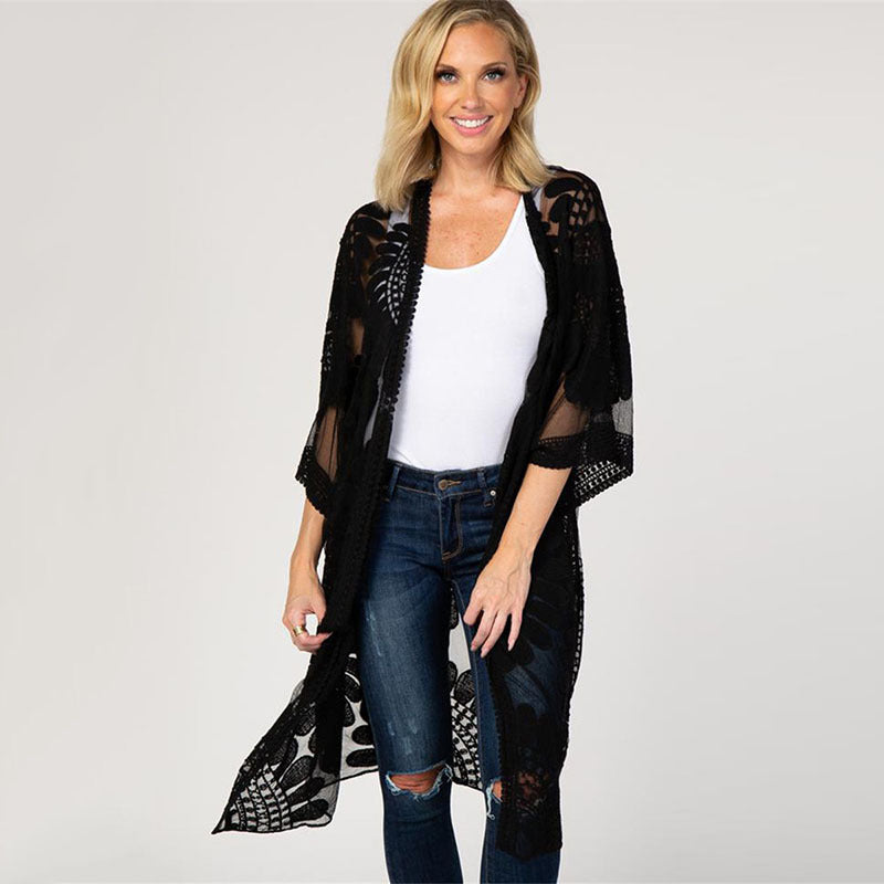 Lace Sunfower Embroidered Beach Cover-up Sexy Cardigan Outer Sunscreen Beach Cover Up Bella Mia