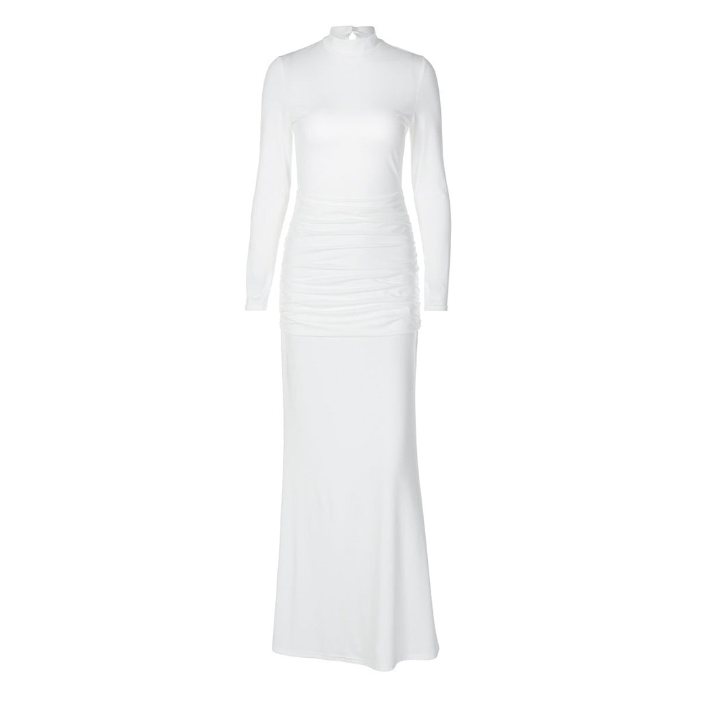 Women Clothing Autumn Solid Color Long Sleeve Slim Fit Fishtail Dress Button Backless Dress Women Bella Mia