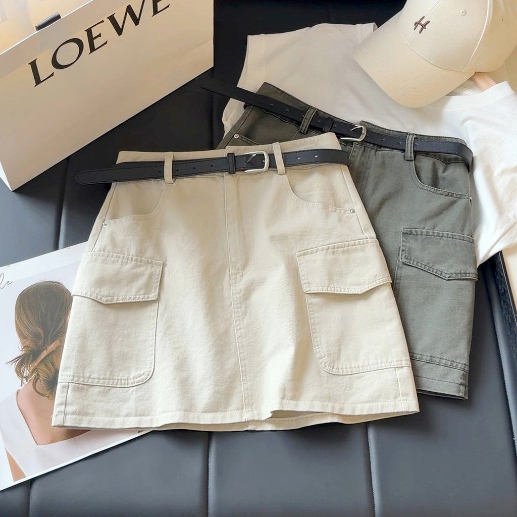Workwear Denim Skirt Women Summer High Waist Slimming Multi Pocket Anti Exposure A line Skirt (No belt)