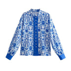 Summer Women Clothing Retro Blue Positioning Printing Casual Shirt for Women Bella Mia