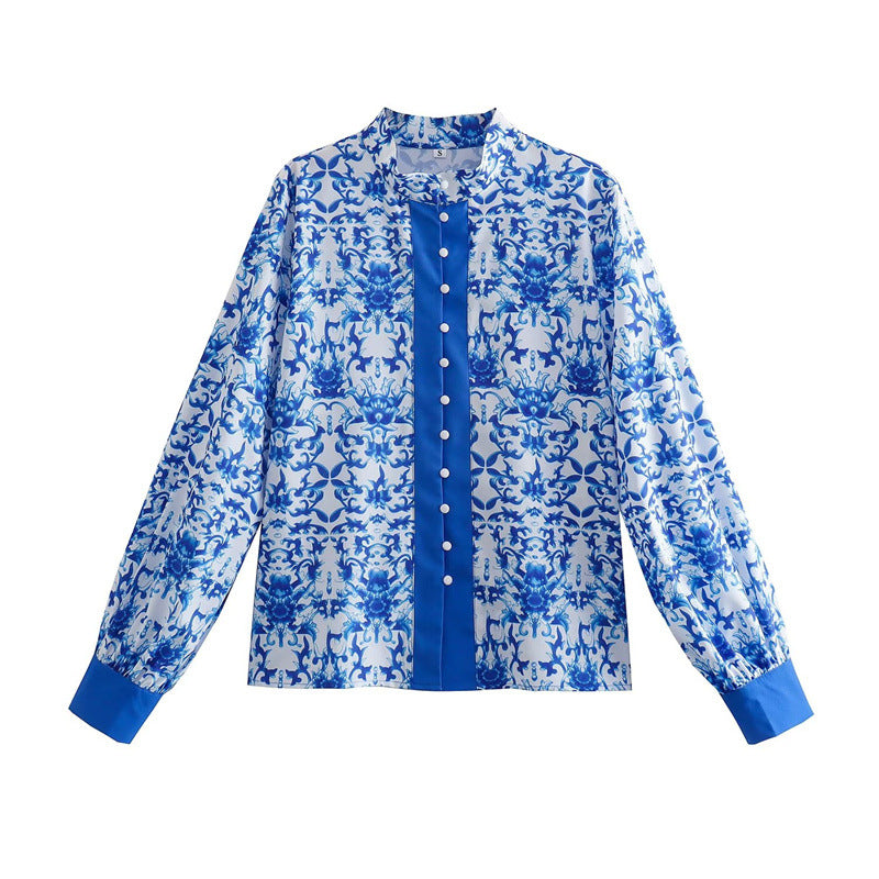 Summer Women Clothing Retro Blue Positioning Printing Casual Shirt for Women Bella Mia