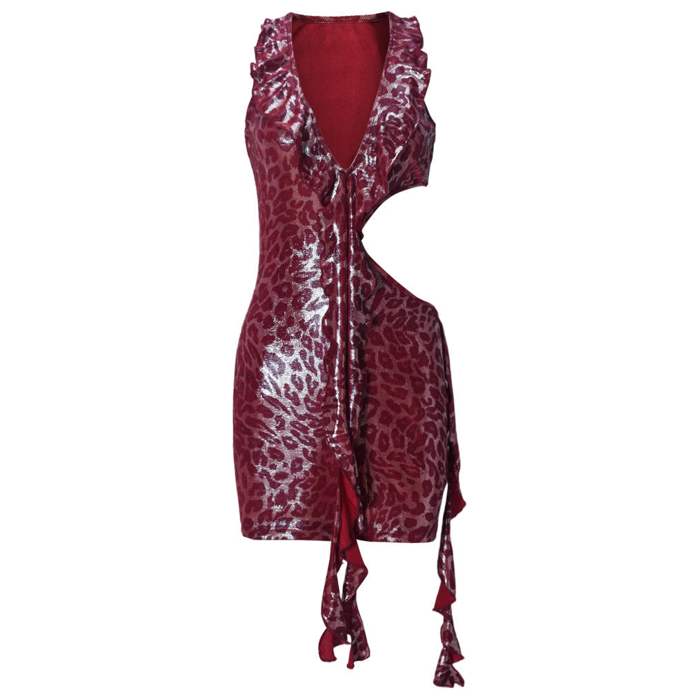 Personality High Elastic Cropped Outfit Sexy Dress V neck Trendy Leopard Print Tassel Streamer Dress Bella Mia