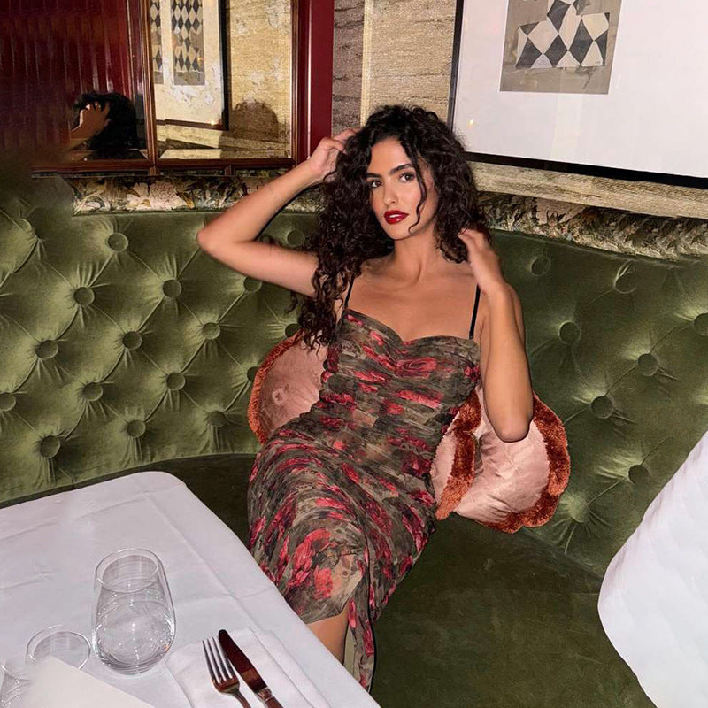 Autumn Women Clothing Retro Sexy Backless Pleated Suspender Printing Dress Bella Mia