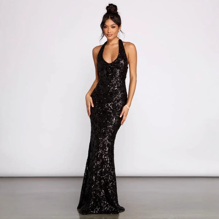 Women Clothing Sexy Hanging Collar Sequ Dress All Matching Formal Dress Bella Mia