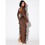 Arrival Pleated Ruffled Stitching High Slit Small Horn Long Sleeved Women Autumn Winter Dress Bella Mia