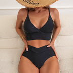 Bikini Solid Color Deep V Plunge Neck Backless Sexy Bikini Split Swimsuit Swimwear Bella Mia