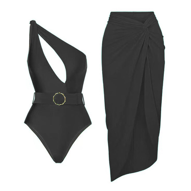 Solid Color Retro Hollow Out Cutout Siamese Women Swimsuit Set Cover Belly Slimming Swimsuit Lot Bella Mia