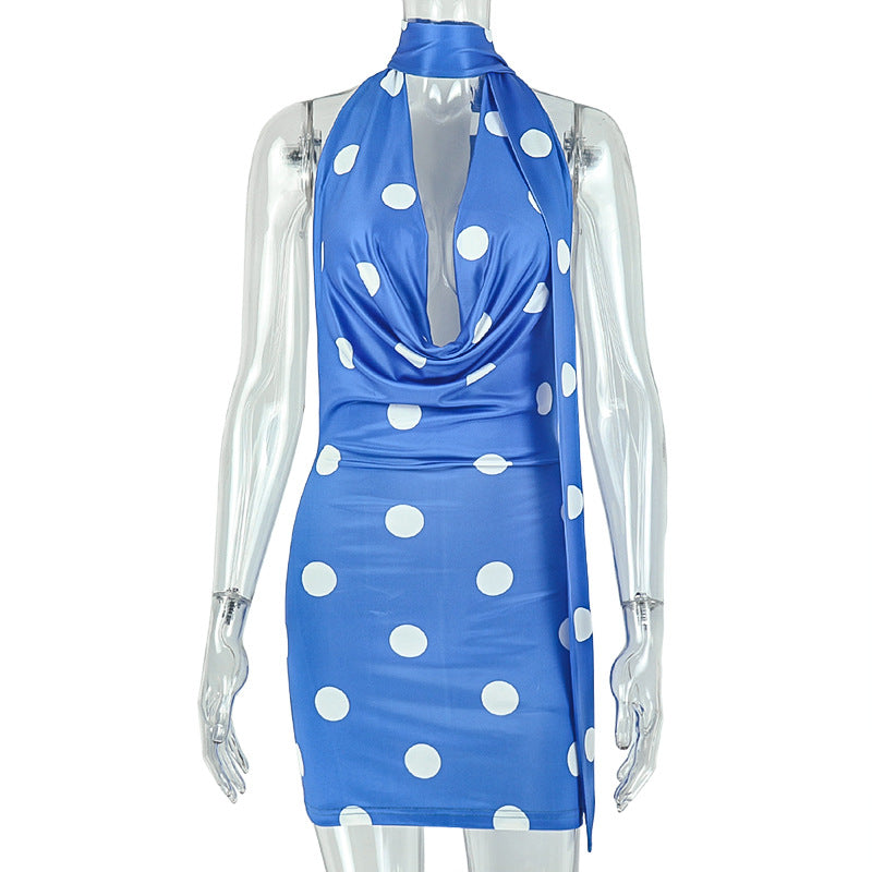 Women Clothing Polka Dot Scarf Tie Summer Sheath Dress Swing Collar Sleeveless Sexy Backless Short Dress