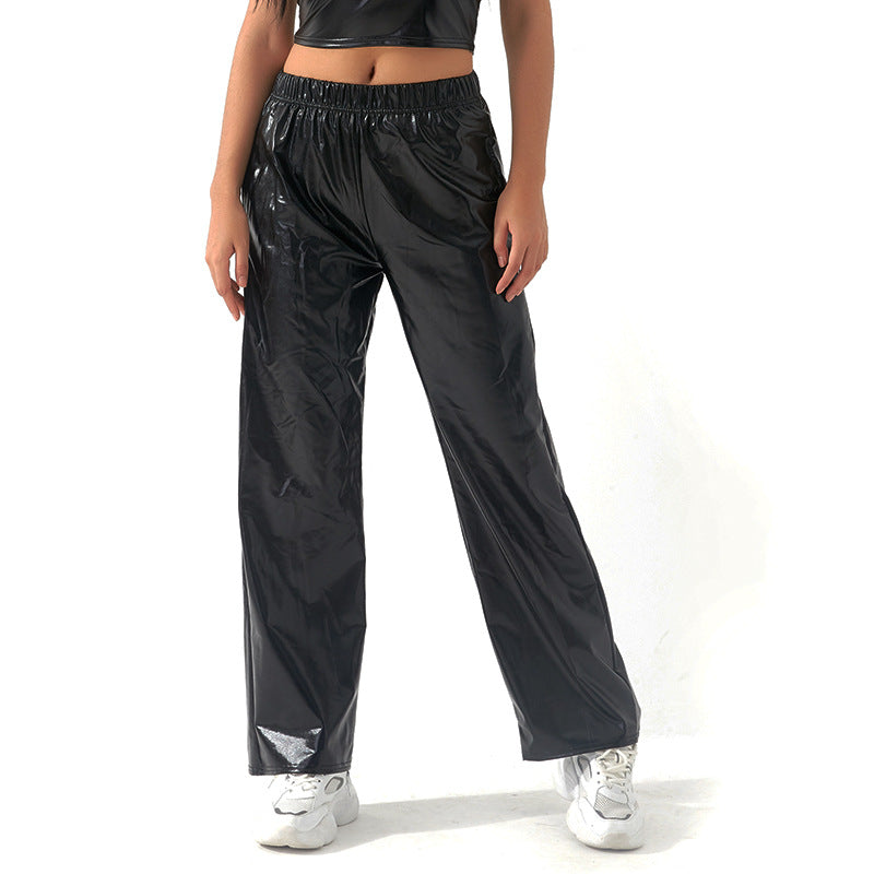 Metallic Coated Fabric Casual Pants Women High Street Design Aurora Laser Gradient High Waist Straight Pants All Matching Elastic Mop Pants Bella Mia