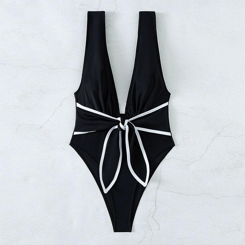 European and American Beach Thin Band Chest Pad V-neck Bow Solid Color Sleeveless One-Piece Swimsuit Foreign Trade Sexy Retro Swimsuit LUXLIFE BRANDS