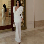 Fall Women Clothing Sexy Backless Swing Collar Slim Pleated Solid Color Long Sleeve Dress Bella Mia
