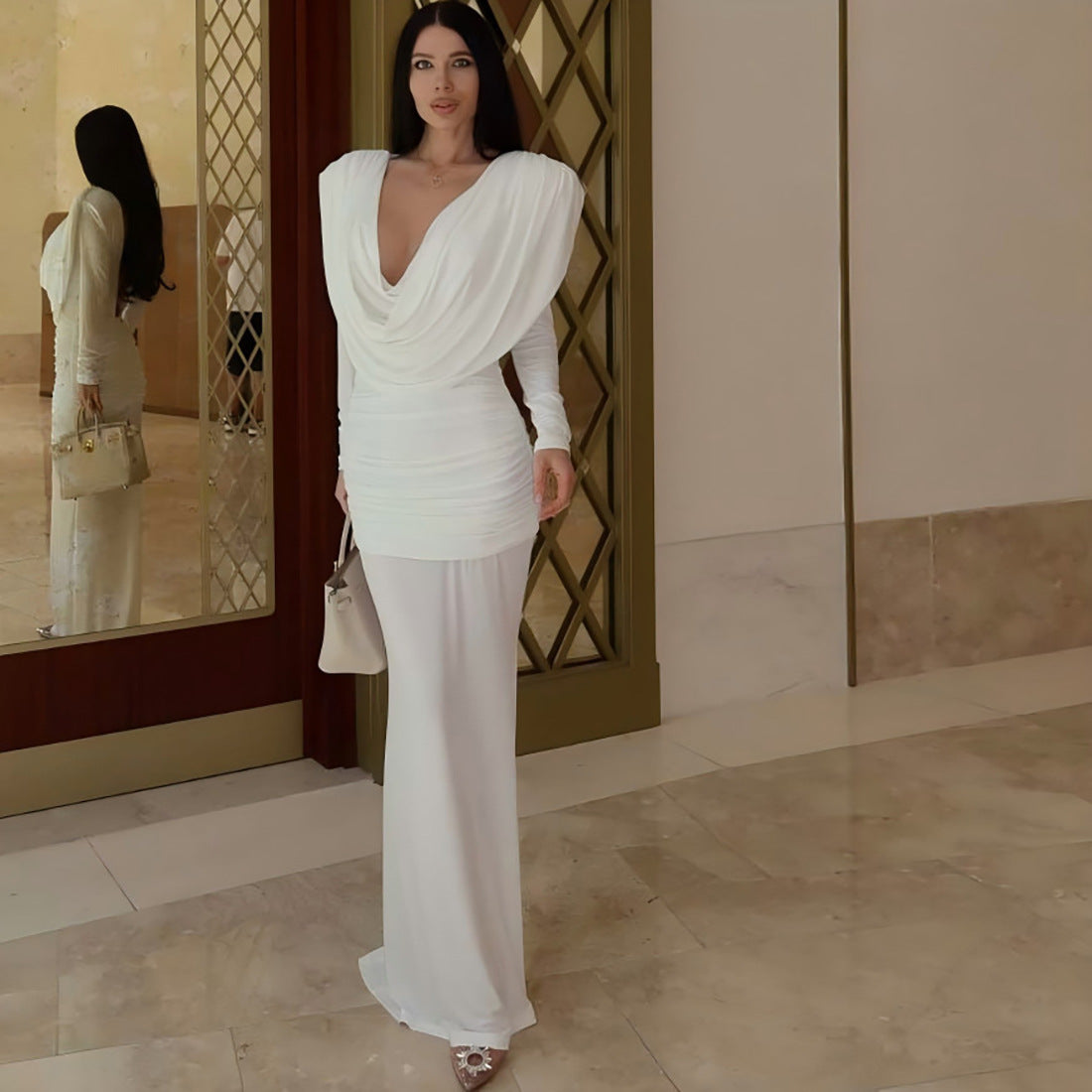 Fall Women Clothing Sexy Backless Swing Collar Slim Pleated Solid Color Long Sleeve Dress Bella Mia