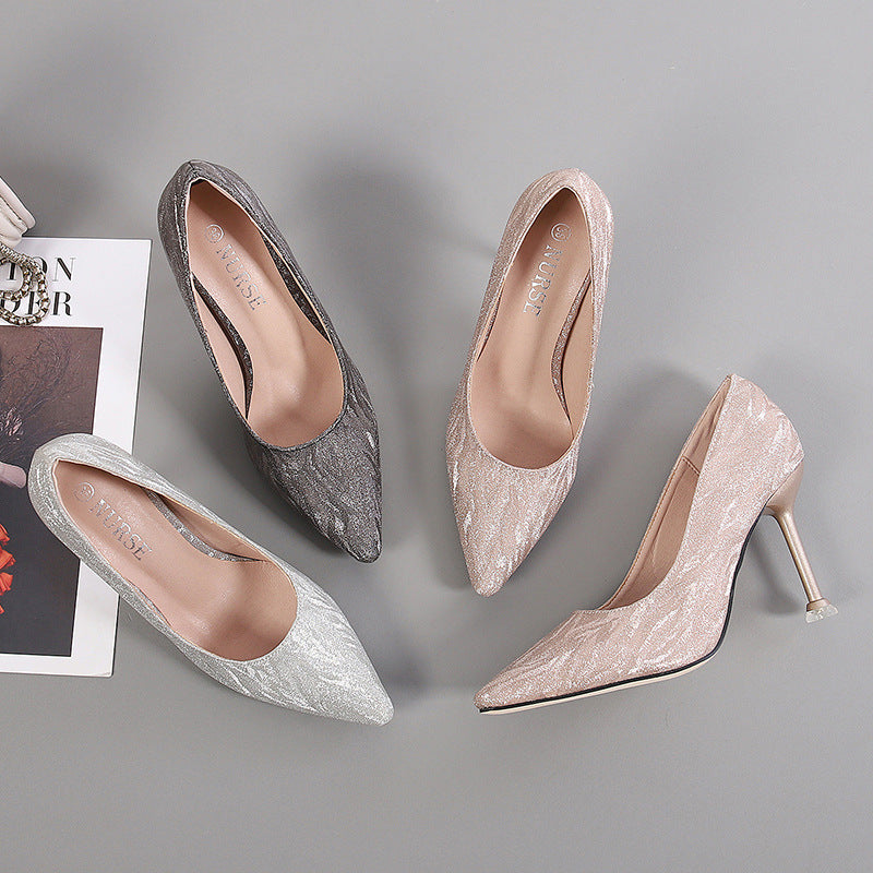Korean Cocktail High Heels Metal Heel High Heel Low Cut Pointed Shining Sequin Cloth Pumps Bella Mia