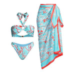 Bikini Halter Sexy Print Gauze Skirt Split Swimsuit Three Piece Set