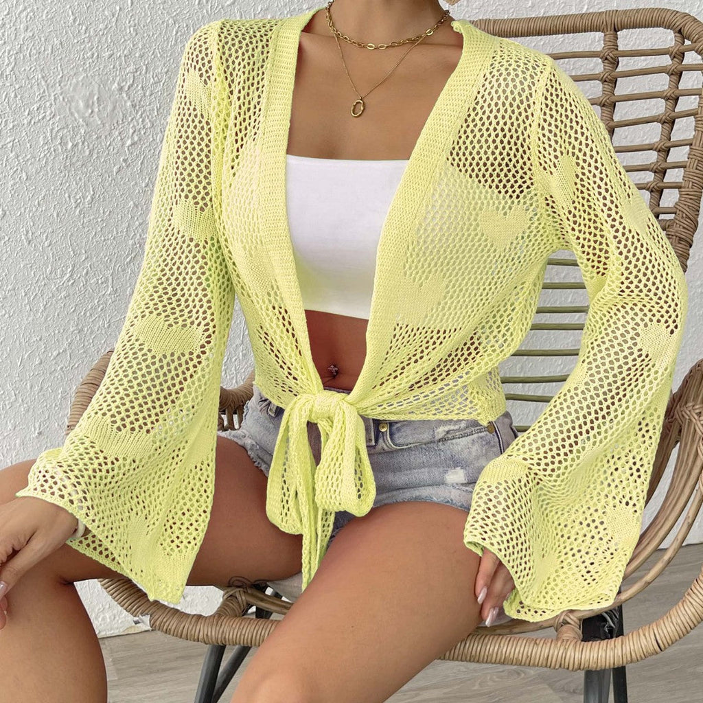 Women Cardigan Clothing Spring Summer Lace up Bow Bell Sleeve Mechanism Shirt Beach Cover Up Bella Mia