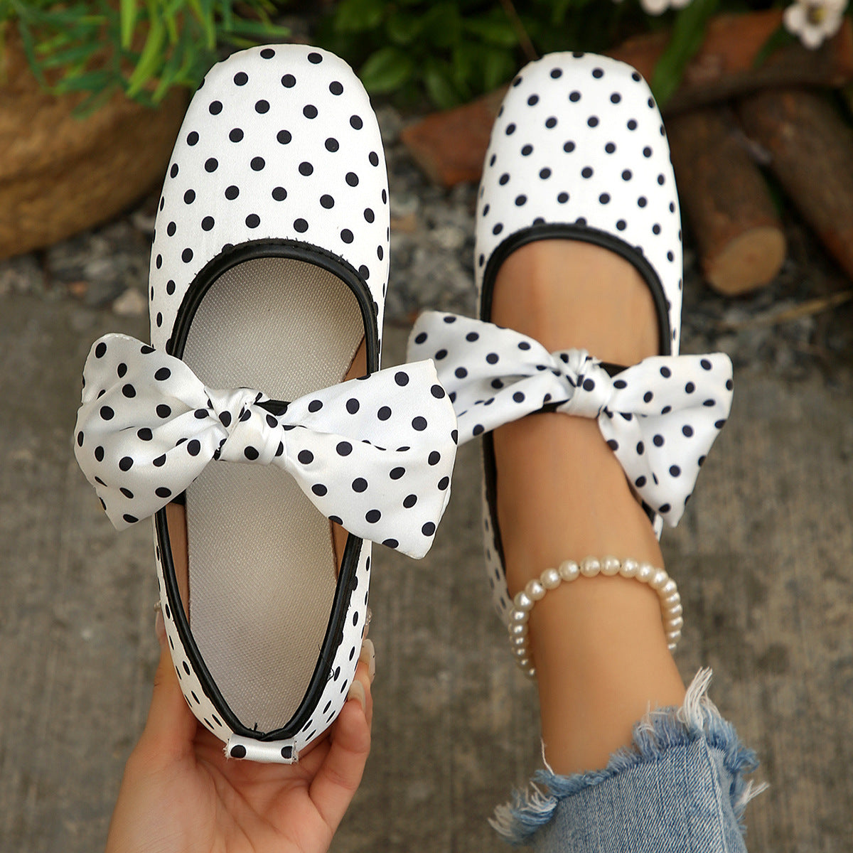 Black White Polka Dot Shallow Mouth Pumps Women Bow Mary Jane Ballet Breathable Boat Shoes