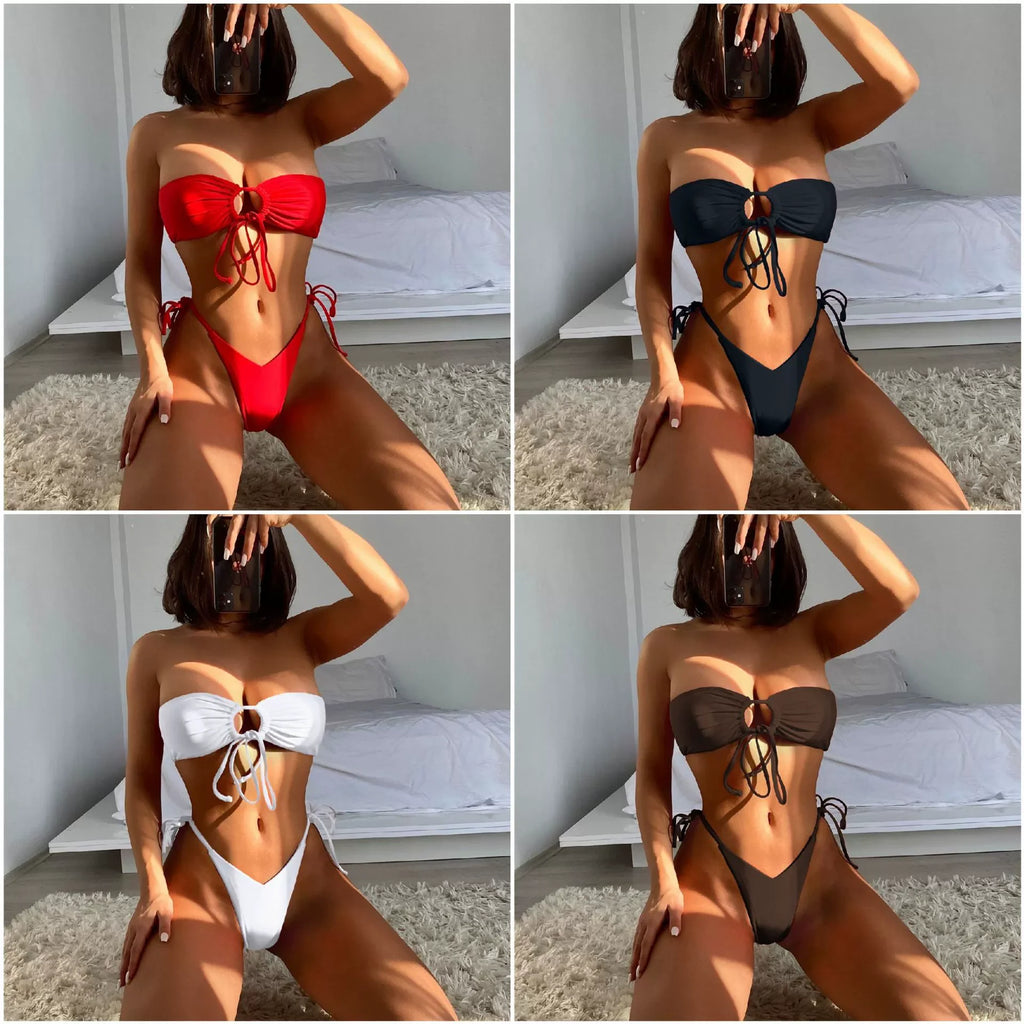 European and American Foreign Trade Beach Seaside Pure Color Bikini Strap T-Back Hot Girl Split Swimsuit Sexy Bikini LUXLIFE BRANDS